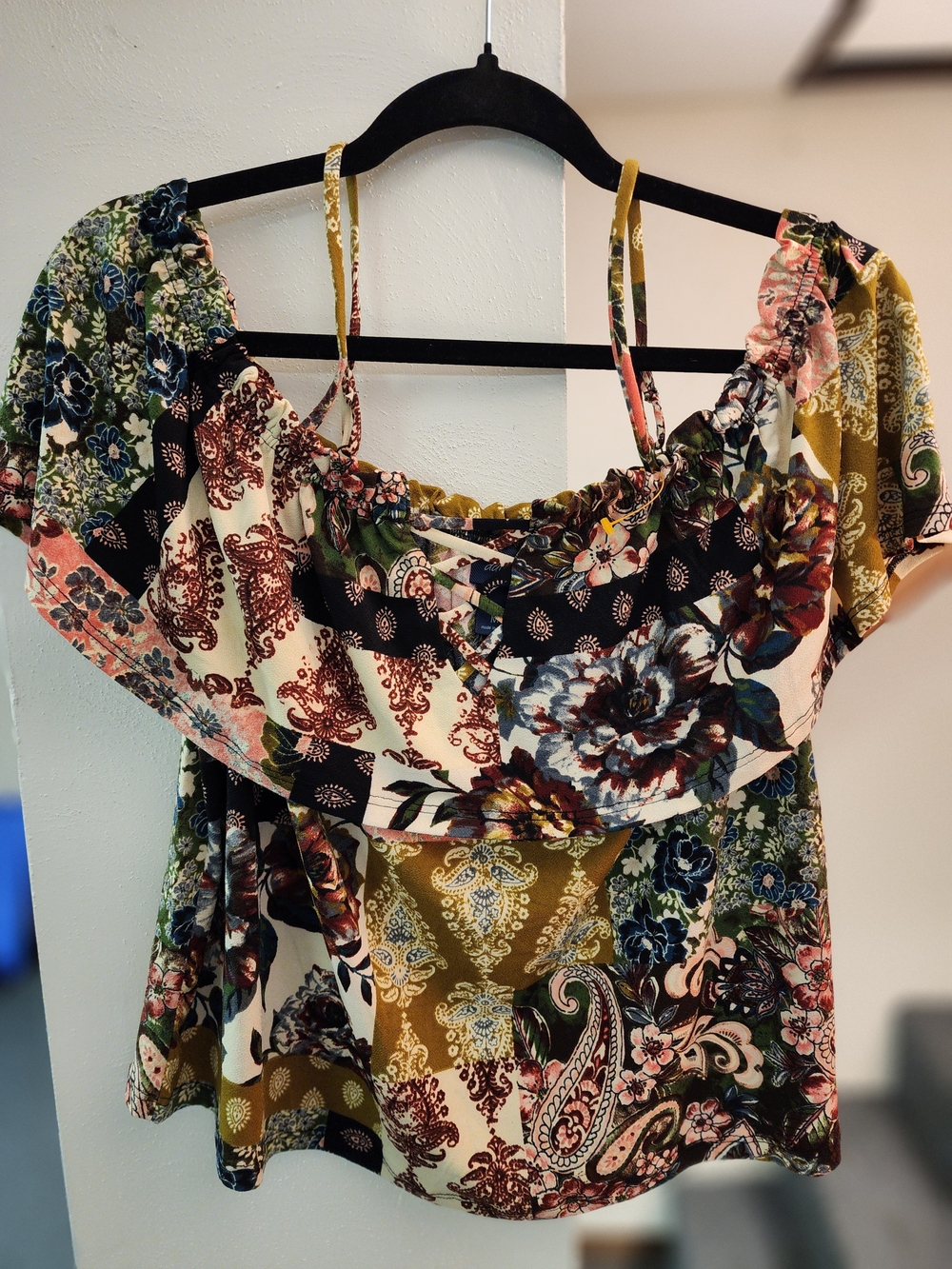 Off-Shoulder Floral Patchwork Top in Olive & Cream Brand Day Trip